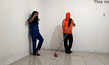 The dirty nurse flirts with the janitor and gives him a sloppy blowjob.