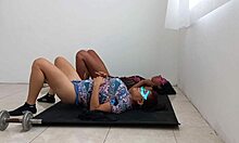 I do aerobics with my sexy busty friend! She shows off wet pussy, bent over, tight lips.