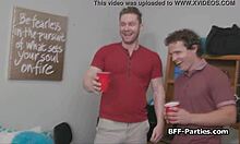 Foursome dorm party with teen 18+ coeds blowing hard.