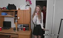 Foursome dorm party with teen 18+ coeds blowing hard.