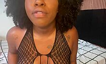 Ebony teen gives detailed jerk off instructions in close-up