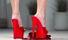 Petite brunette crushes fruits with bare feet