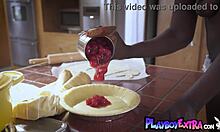 ebony teen cooking and stripping in kitchen