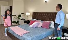 stepsister takes care of injured stepbrother and stepdad with big tits fucking