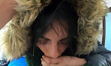 milfycalla gives deep blowjob in fur hooded puffer jacket lingerie