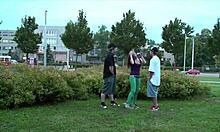 Hot teen 18+ Alexis Crystal engages in public street threesome blowjob and fucking with two young 18+ guys