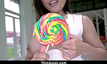 Horny little 18+ Asian teen gets wet touching herself waiting for hard cock action.