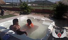 Public bareback sex with my lover in in-laws' jacuzzi, from blowjob to doggy