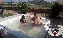 Public bareback sex with my lover in in-laws' jacuzzi, from blowjob to doggy