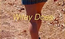 Milf flashes her shaved pussy in public under skirt outdoors