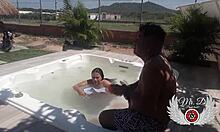 Public bareback sex with my lover in in-laws' jacuzzi, from blowjob to doggy