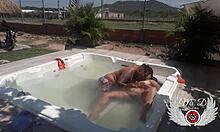 Public bareback sex with my lover in in-laws' jacuzzi, from blowjob to doggy