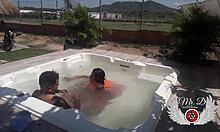 Public bareback sex with my lover in in-laws' jacuzzi, from blowjob to doggy