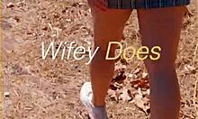 Milf flashes her shaved pussy in public under skirt outdoors