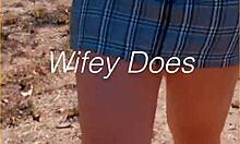 Milf flashes her shaved pussy in public under skirt outdoors