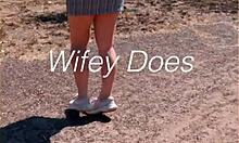 Milf flashes her shaved pussy in public under skirt outdoors