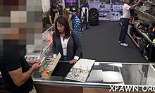 Amateurs engage in rough fucking and sucking in shop.