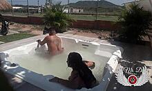 Public bareback sex with my lover in in-laws' jacuzzi, from blowjob to doggy
