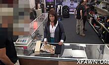 Amateurs engage in rough fucking and sucking in shop.