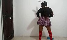 My friend's wife dancing in a miniskirt.