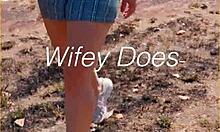 Milf flashes her shaved pussy in public under skirt outdoors