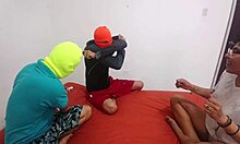 Watch this kinky threesome spreading tight pussy in POV with ball licking