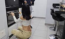 The beautiful housewife strips naked for the client, eager to fuck his monster cock.