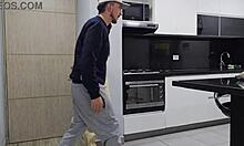 The beautiful housewife strips naked for the client, eager to fuck his monster cock.