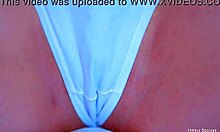 narrative of sexy latin girl showing big round ass in white thong under blue dress