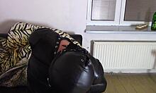 crossdresser katja drools in tight leather bondage, oh yes!