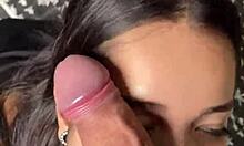 Cute girlfriend's sloppy blowjob contrasts with her submissive ball licking.