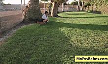 sexy asian teen 18+ shows off big natural boobs outdoors to friend.