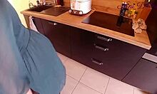 generous girl adjusts her big panties in the kitchen