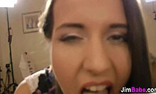 European teen performs POV blowjob on old man's big cock. She deepthroats and swallows.
