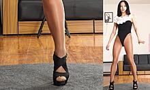 asian girl in pantyhose and leotard practices her dance routine