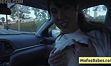 Asian Hottie Plays With Natural Boobs In Car With Friend