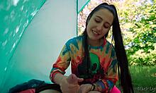 Slutty Hippie Gives Free Handjob in Outdoor Tent