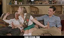 Stepdaughter Handles Daddy and Stepbrother's Cocks Like a Pro