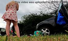 Redhead Flashes Ass in Miniskirt Outdoors During Lingerie Try-On