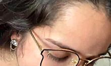 Nerdy busty brunette gives deep blowjob to Wellington Prado's huge cock in jeans shorts