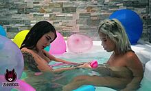 just messing around with my friend in the jacuzzi, teasing her wet pussy.