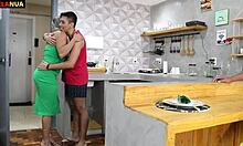 Big tit latina milf in lingerie welcomes visitor for kitchen fitness fun.