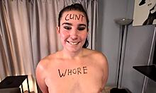 Whore loves humiliation while sucking jerking off cock face spitting cum facial