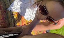 wife in dress bangs husband's friend for public field creampie