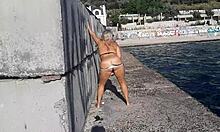 Look at wet big boobs sucking toy in public