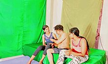 Intriguing rough threesome with teen deepthroat