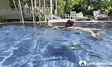 hot babe swims naked and grabs my cock by the pool