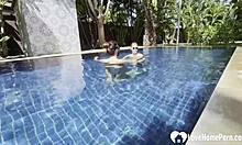 hot babe swims naked and grabs my cock by the pool