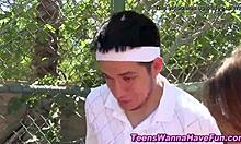 Amateur teen 18+ cum sprayed in outdoor party