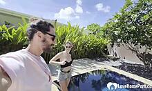 hot babe swims naked and grabs my cock by the pool